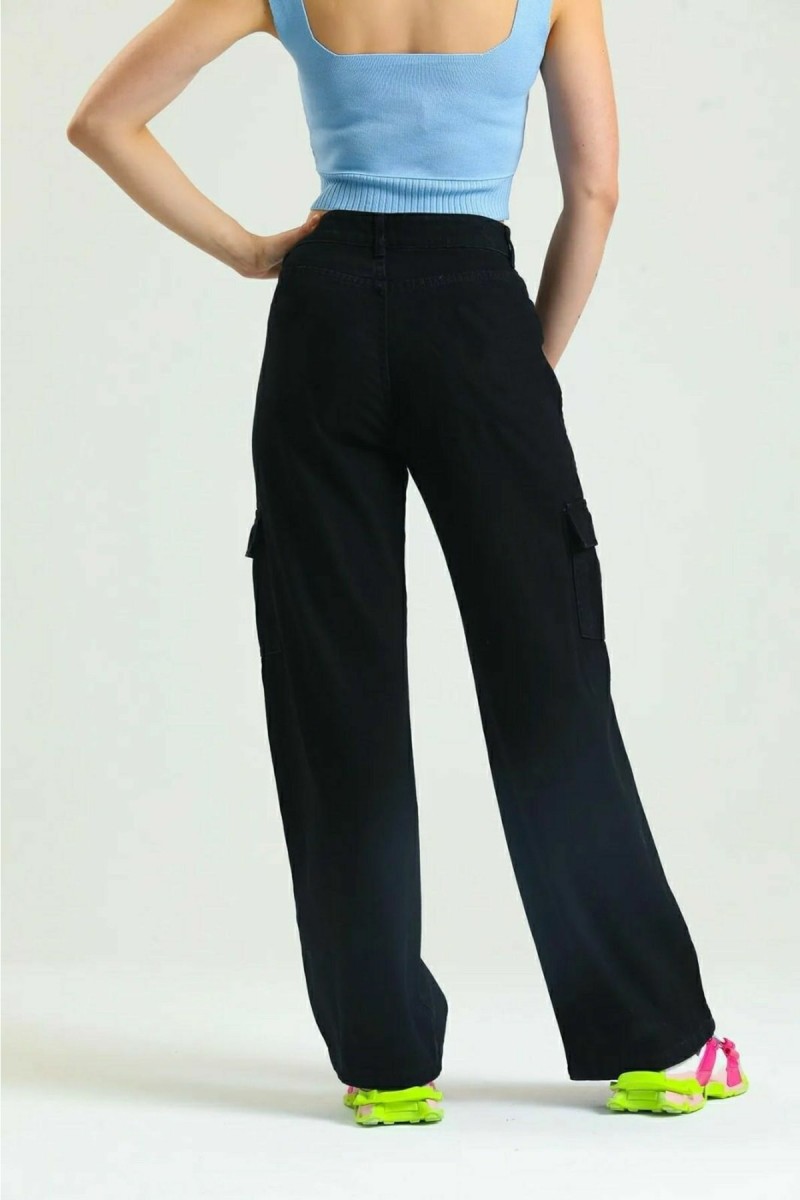 Siyah Kargo Salaş Arka Cepsiz Likralı Süper Yüksek Bel Kadın Jean Pantolon