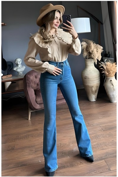 Lofty Kadın Açık Mavi Ispanyol Kalıp Ispanyol Paça Yüksek Bel Jean