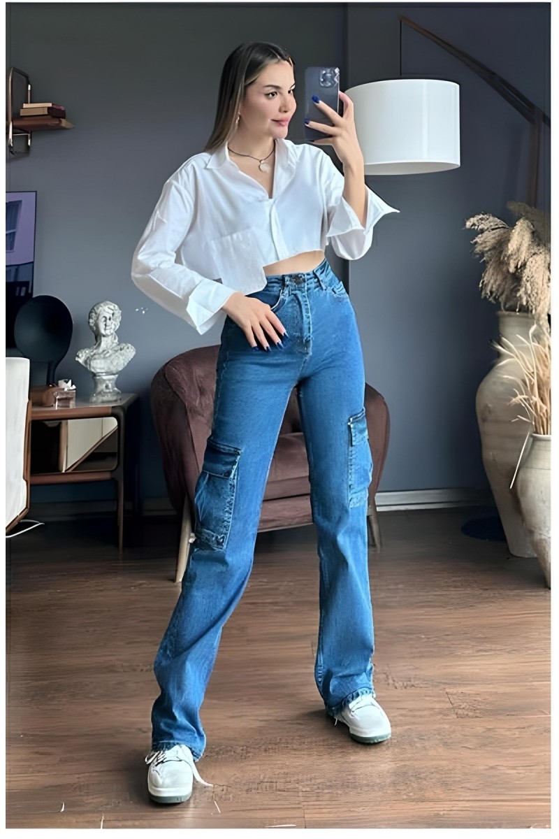 Catina Hot Fashionnova Orta Mavi Arka Cepsiz Kargo Cep Salaş Likralı Yüksek Bel Kot Pantolon