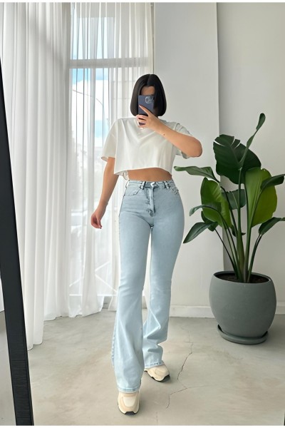 Beauty Kadın Açık Mavi Kar Yıkama Ispanyol Kalıp Ispanyol Paça Yüksek Bel Jean
