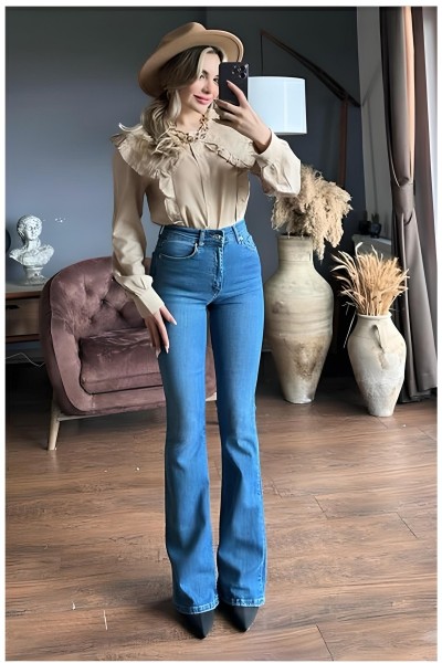 Lofty Kadın Açık Mavi Ispanyol Kalıp Ispanyol Paça Yüksek Bel Jean