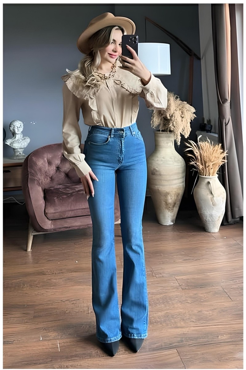 Lofty Kadın Açık Mavi Ispanyol Kalıp Ispanyol Paça Yüksek Bel Jean