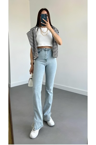 Travelista Kadın Açık Mavi Kar Yıkama Yandan Yırtmaçlı Ispanyol Kalıp Ispanyol Paça Yüksek Bel Jean