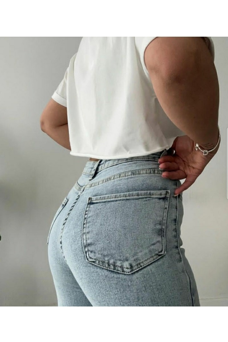 Beauty Kadın Açık Mavi Kar Yıkama Ispanyol Kalıp Ispanyol Paça Yüksek Bel Jean