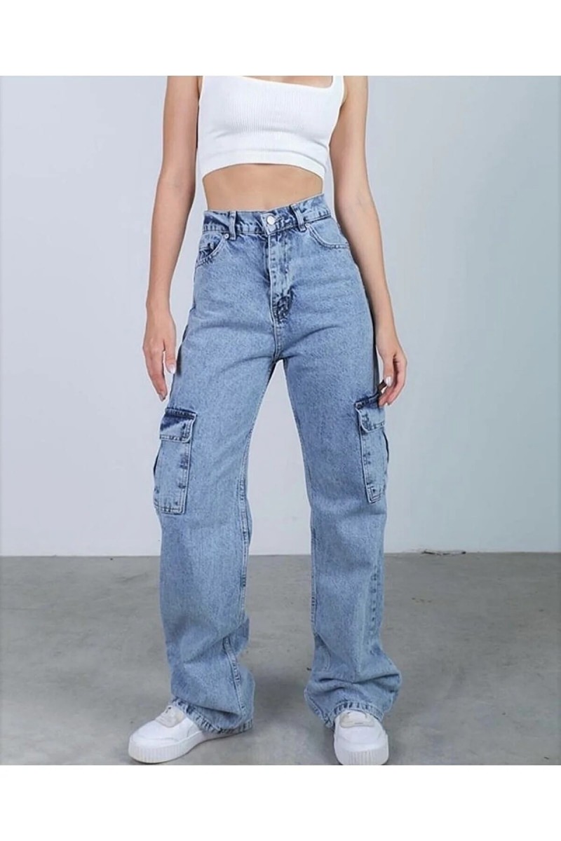 Kaitlyn Açık Kar Yıkama Mavi Kargo Salaş Arka Cepsiz Likralı Süper Yüksek Bel Jean Pantolon