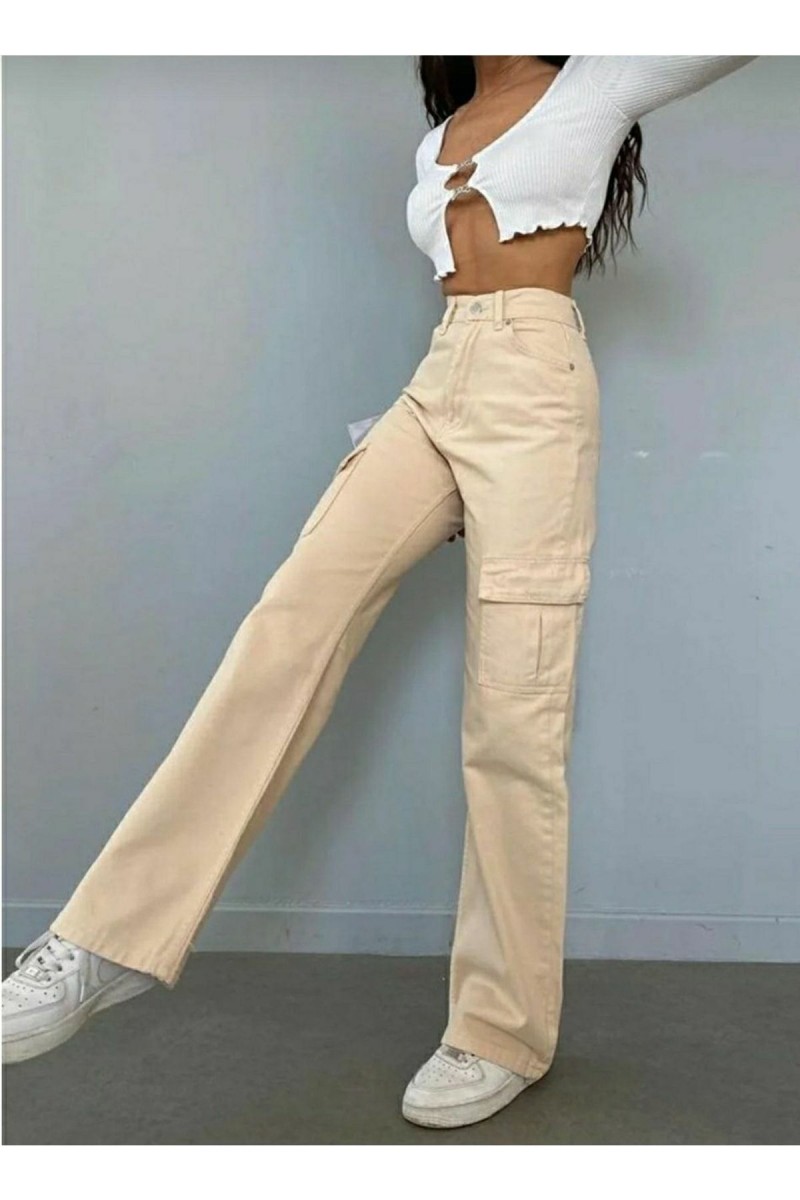 Emilie Kadın Bej Kargo Cep Arka Cepsiz Exstra Yüksek Bel Palazzo Jean Pantalon Emilie Kadın Bej Kargo Cep Arka Cepsiz Exstra Yüksek Bel Palazzo Jean Pantalon