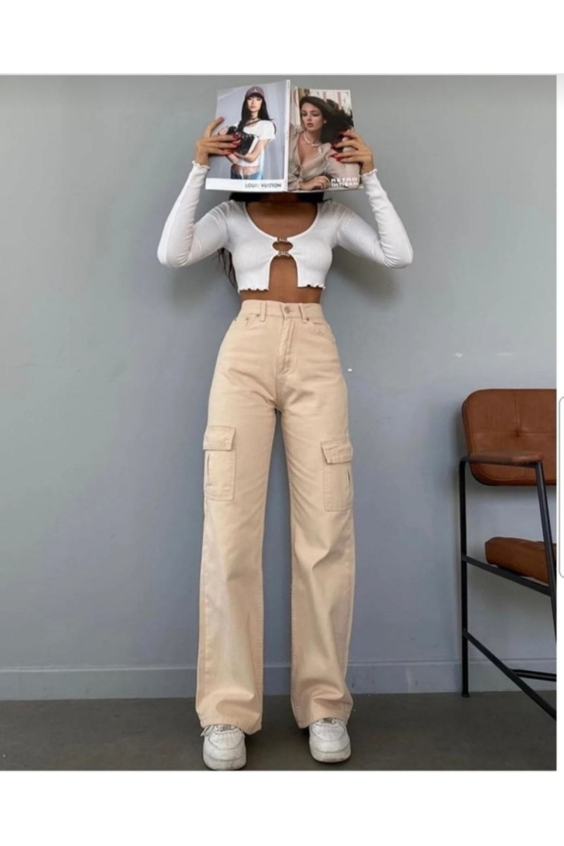 Emilie Kadın Bej Kargo Cep Arka Cepsiz Exstra Yüksek Bel Palazzo Jean Pantalon Emilie Kadın Bej Kargo Cep Arka Cepsiz Exstra Yüksek Bel Palazzo Jean Pantalon
