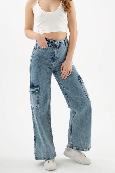 Pamela Orta Kar Yıkama Mavi Kargo Salaş Arka Cepsiz Likralı Süper Yüksek Bel Jean Pantolon