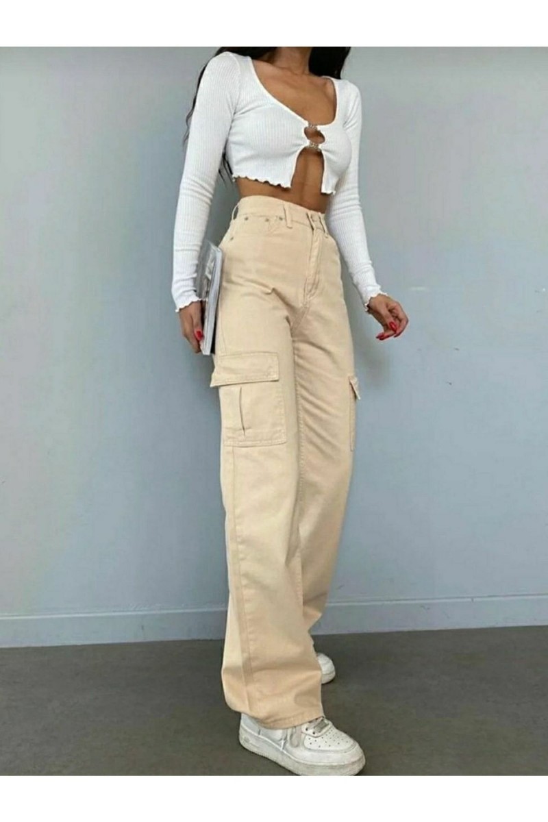 Emilie Kadın Bej Kargo Cep Arka Cepsiz Exstra Yüksek Bel Palazzo Jean Pantalon Emilie Kadın Bej Kargo Cep Arka Cepsiz Exstra Yüksek Bel Palazzo Jean Pantalon