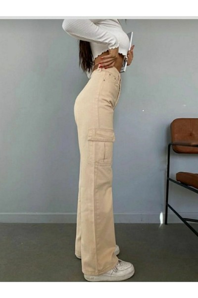 Emilie Kadın Bej Kargo Cep Arka Cepsiz Exstra Yüksek Bel Palazzo Jean Pantalon