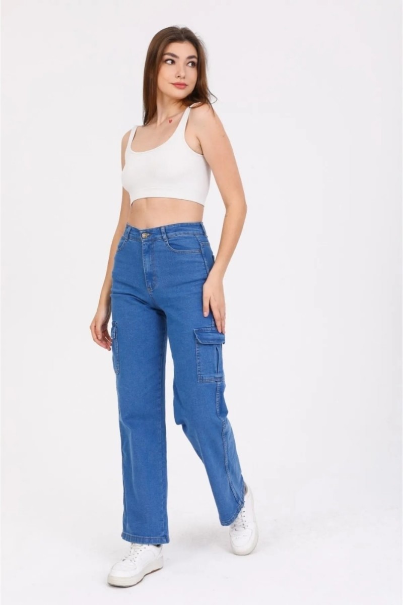 Laura Orta Mavi Kargo Salaş Arka Cepsiz Likralı Süper Yüksek Bel Jean Pantolon