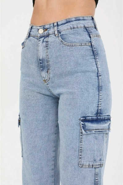 Arka Cepsiz Açık Mavi Kar Yıkama Kargo Salaş Likralı Süper Yüksek Bel Jean Pantolon