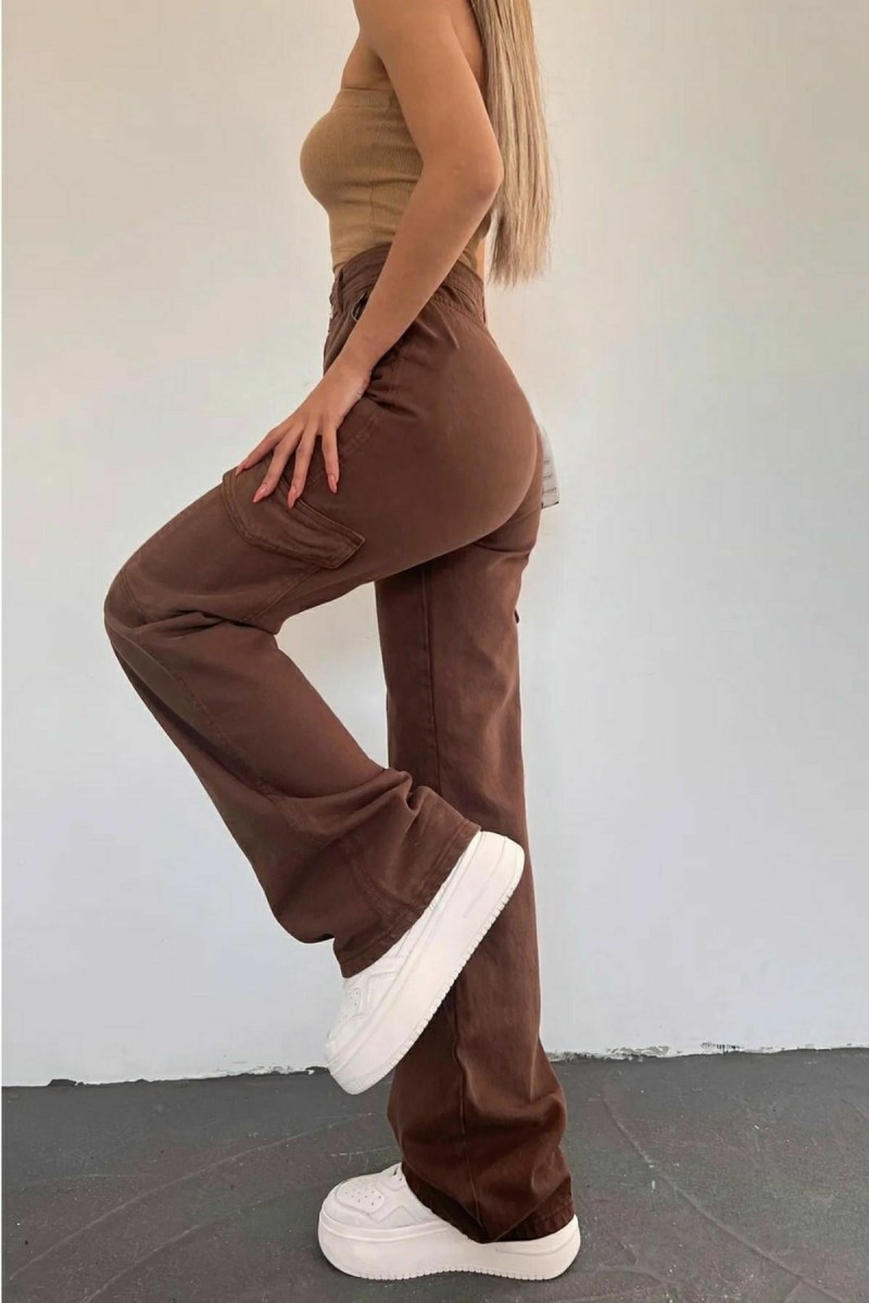 Calida Kadın Likralı Kahverengi Kargo Cep Arka Cepsiz Exstra Yüksek Bel Palazzo Jean Pantalon