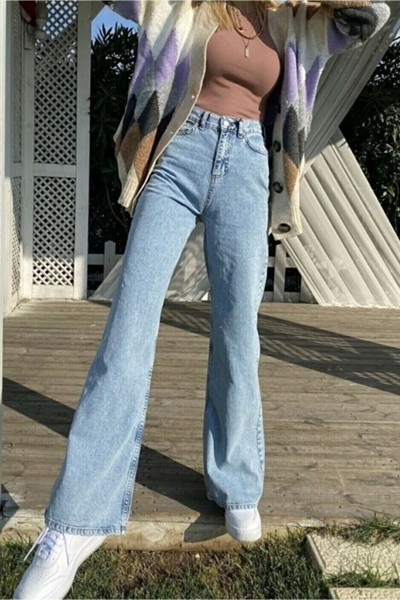 Ela 90 s Mavi Kar Yıkama Likralı Süper Yüksek Bel Salaş Paça Jeans Palazzo Pantolon