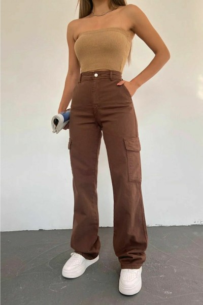 Calida Kadın Likralı Kahverengi Kargo Cep Arka Cepsiz Exstra Yüksek Bel Palazzo Jean Pantalon