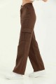 Calida Kadın Likralı Kahverengi Kargo Cep Arka Cepsiz Exstra Yüksek Bel Palazzo Jean Pantalon