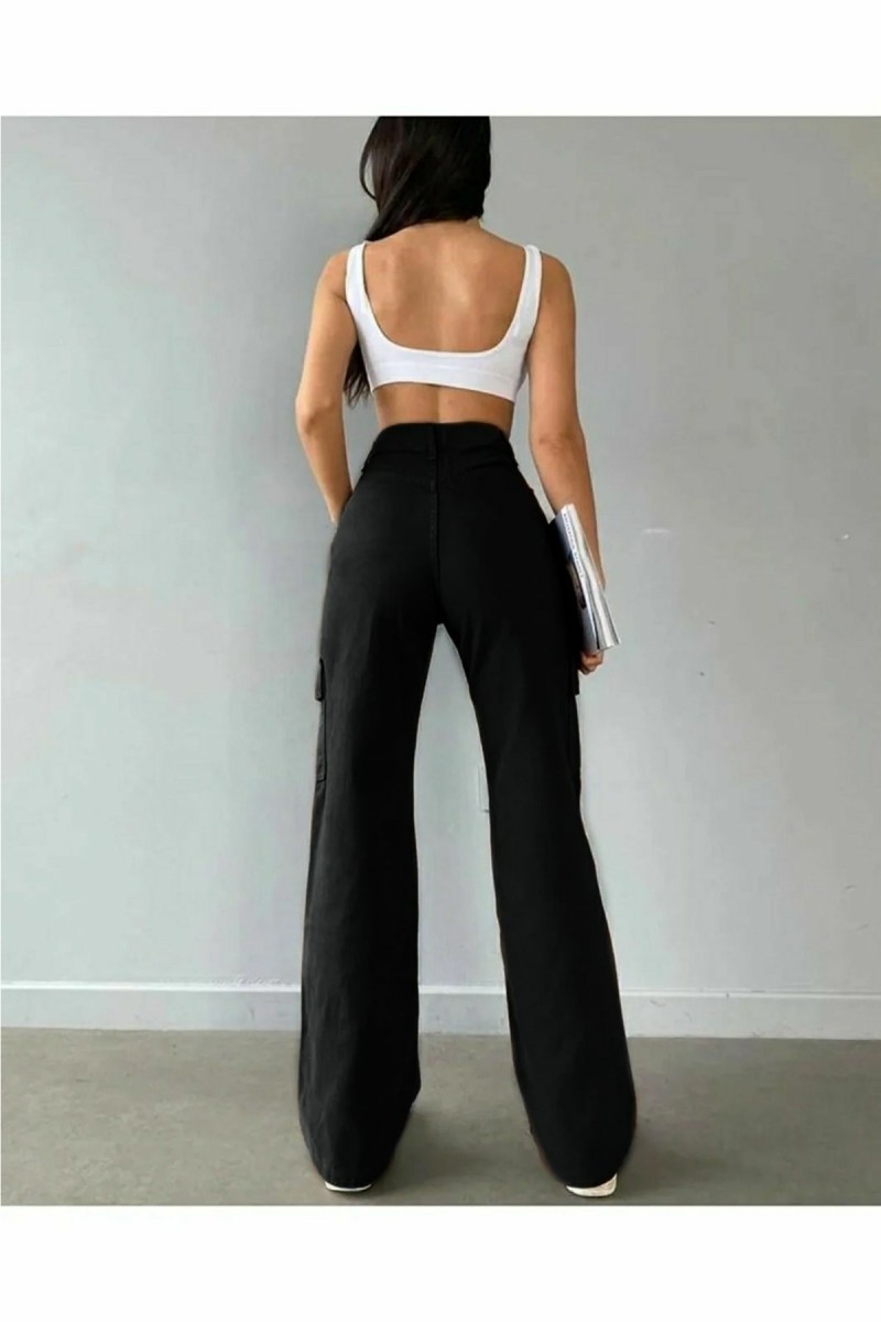 Press Kadın Likralı Siyah Arka Cepsiz Model Kargo Palazzo Pantolon