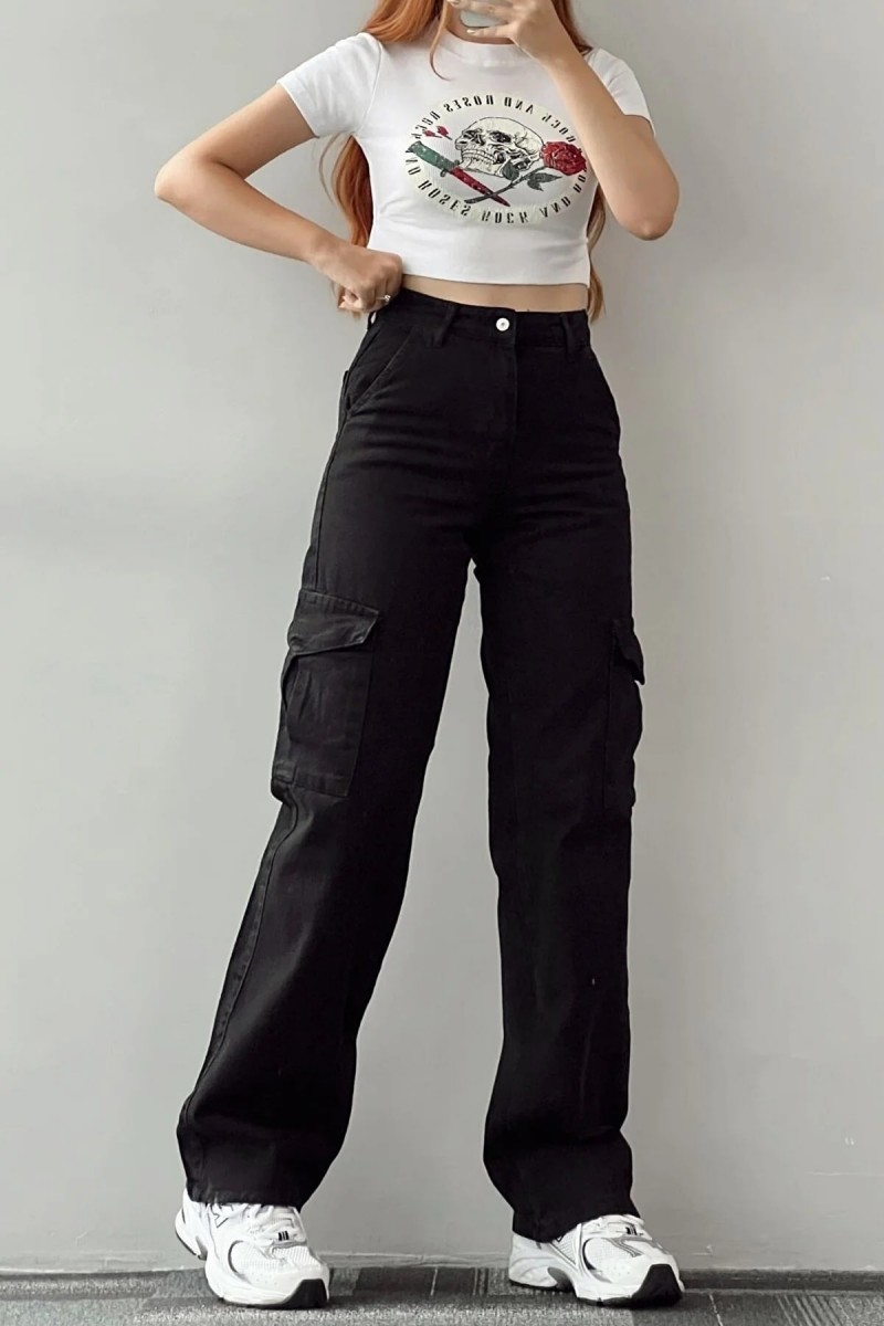 Press Kadın Likralı Siyah Arka Cepsiz Model Kargo Palazzo Pantolon