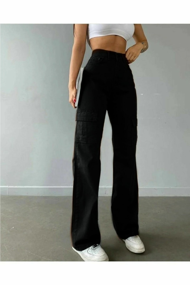 Press Kadın Likralı Siyah Arka Cepsiz Model Kargo Palazzo Pantolon