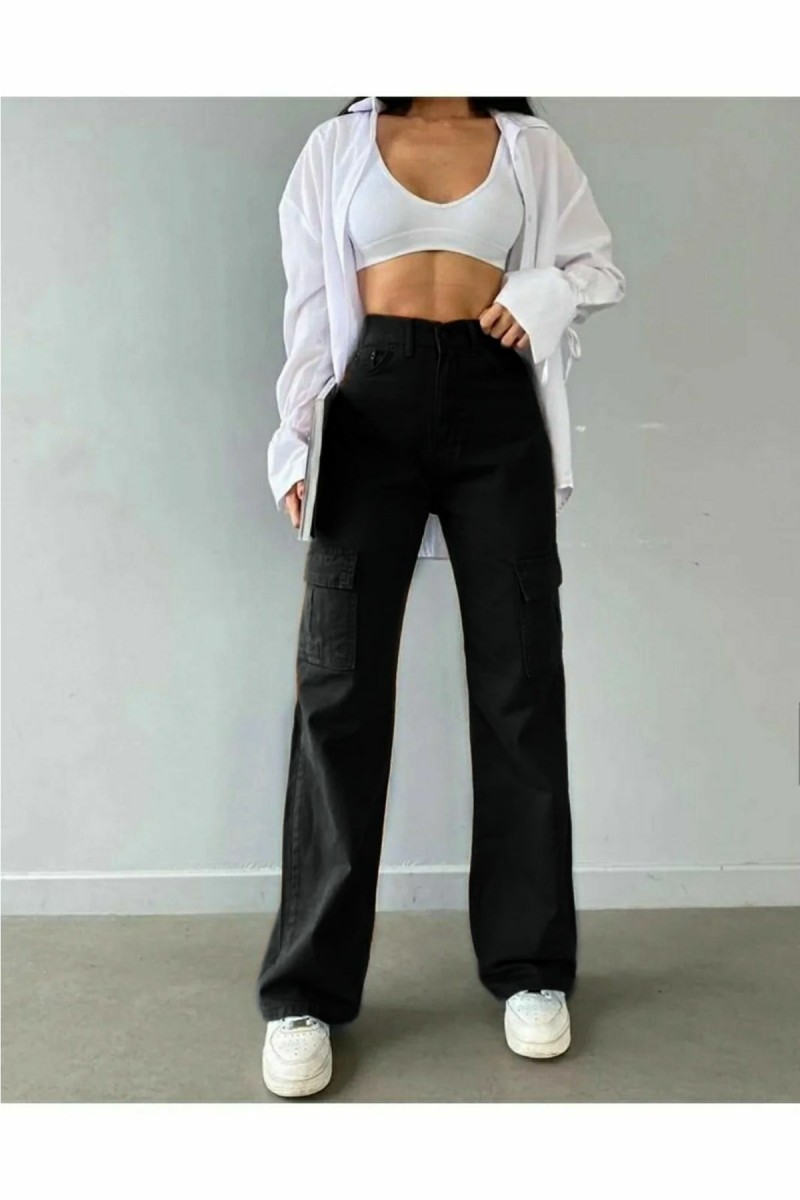 Press Kadın Likralı Siyah Arka Cepsiz Model Kargo Palazzo Pantolon