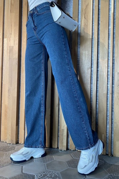 Bechkam Likralı Kadın Koyu Mavi Süper Yüksek Bel Salaş Paça Denim Kot Salaş Pantolon