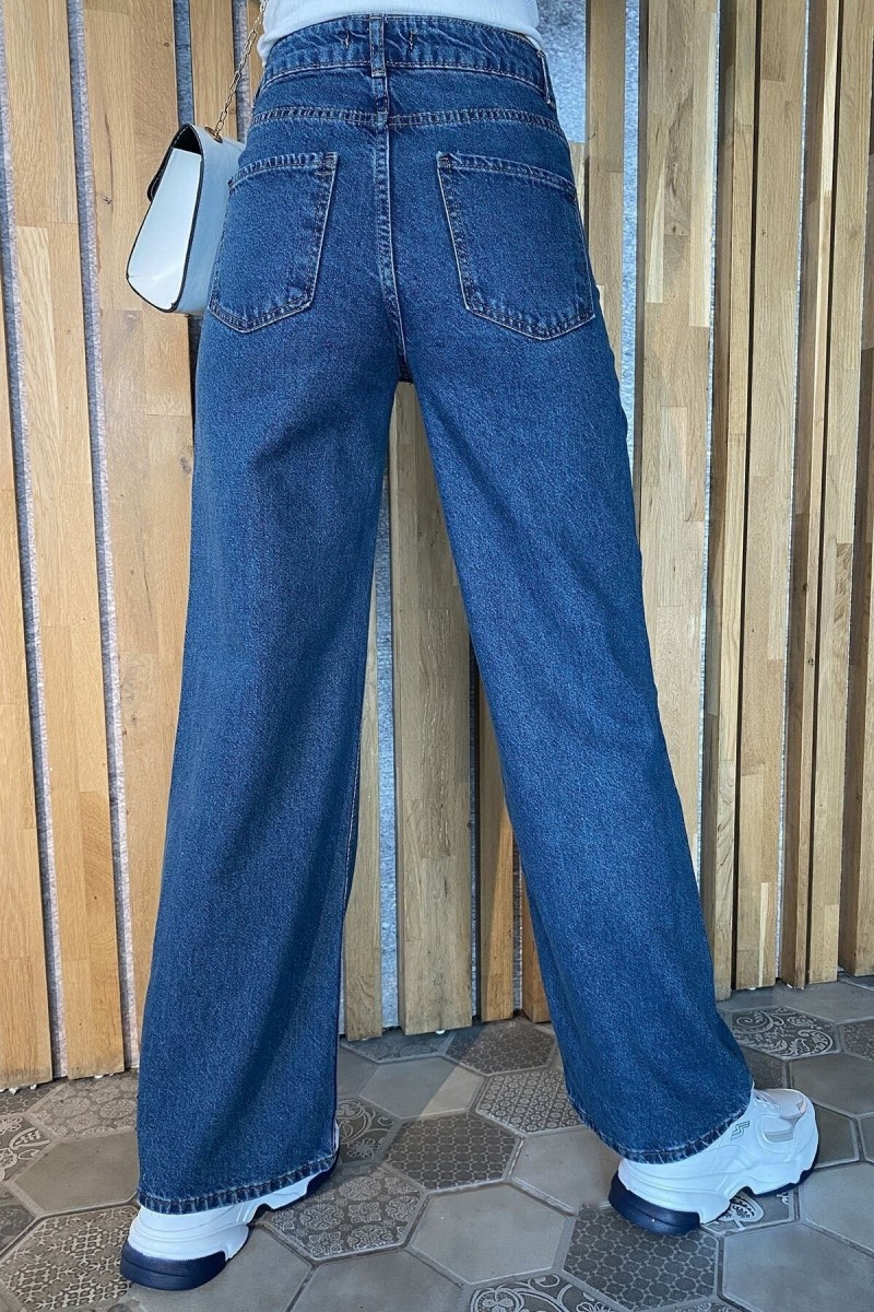 Bechkam Likralı Kadın Koyu Mavi Süper Yüksek Bel Salaş Paça Denim Kot Salaş Pantolon