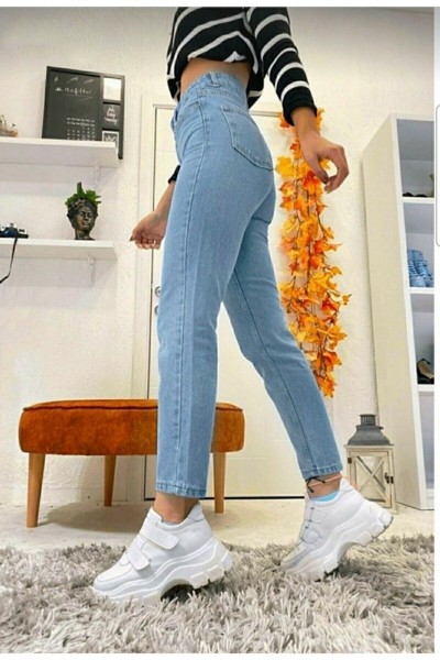 Phoebe Açık Mavi Skiiny Mom Yüksek Bel Mom Jeans Boyfriend
