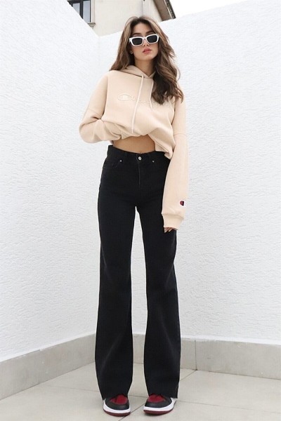 Siyah Likralı Süper Yüksek Bel Salaş Jean Pantolon. (SÜPER YÜKSEK.) Wide Leg.