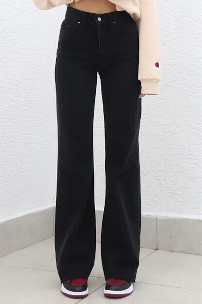 Siyah Likralı Süper Yüksek Bel Salaş Jean Pantolon. (SÜPER YÜKSEK.) Wide Leg.