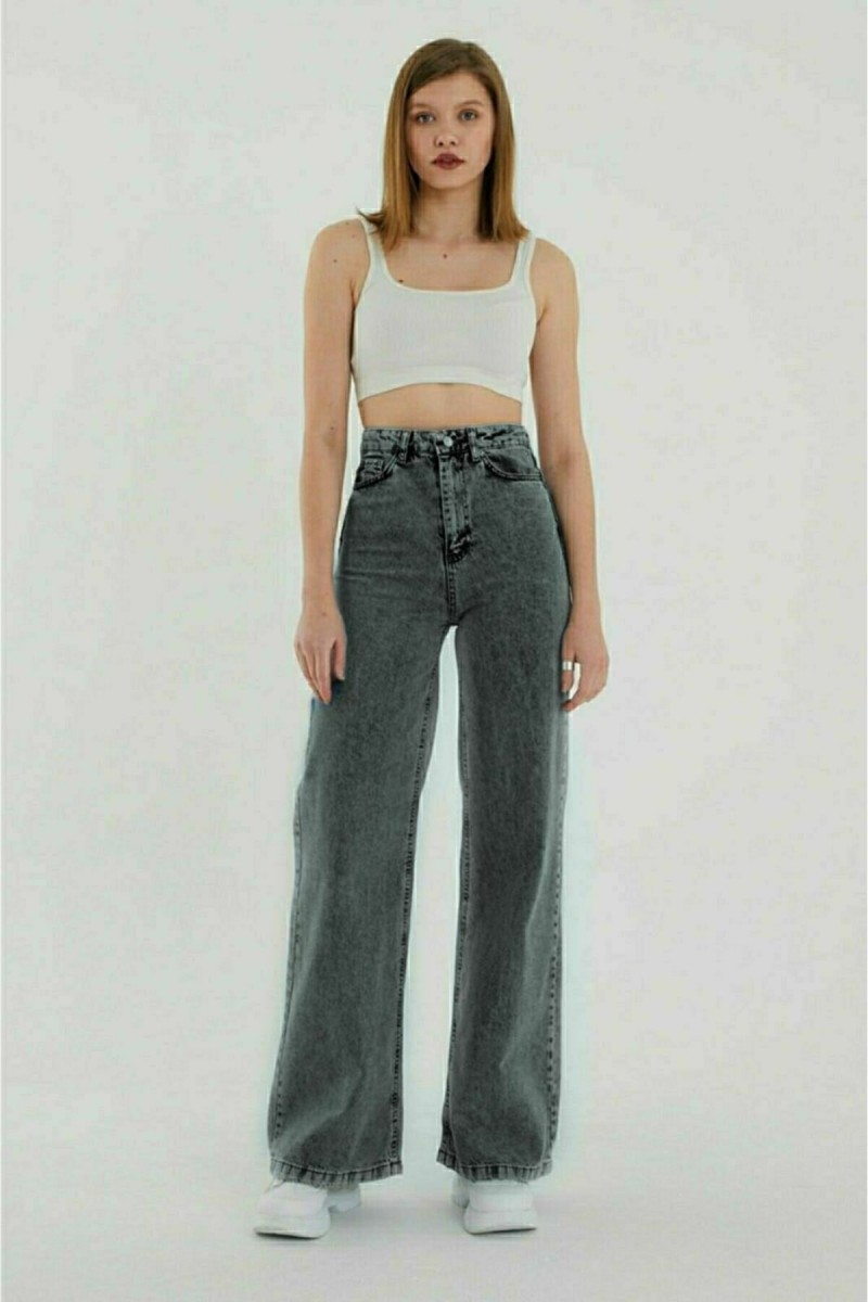 Julyana Kül Gri Füme Power Likralı Süper Yüksek Bel Salaş Jeans Palazzo Pantolon