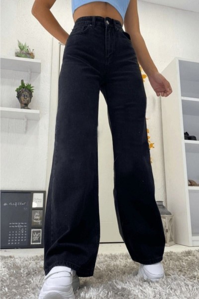 Love Solmayan Siyah Likralı Süper Yüksek Bel Salaş Jean Pantolon. (süper Yüksek.) Wide Leg.