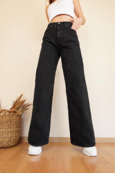 Düz Solmaz Siyah Süper Yüksek Bel Salaş Jeans Palazzo Pantolon( SÜPER YÜKSEK ) Wide Leg.