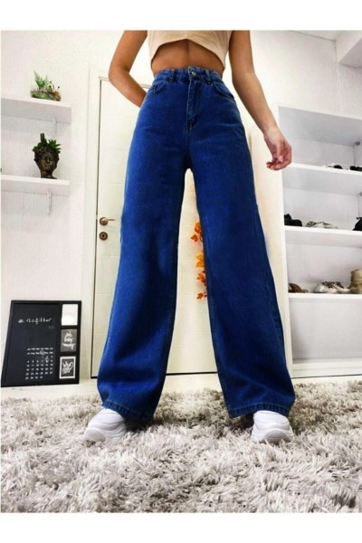 Kadın Füme Kar Yıkama Süper Yüksek Bel Likralı Salaş Paça Denim Kot Pantolon