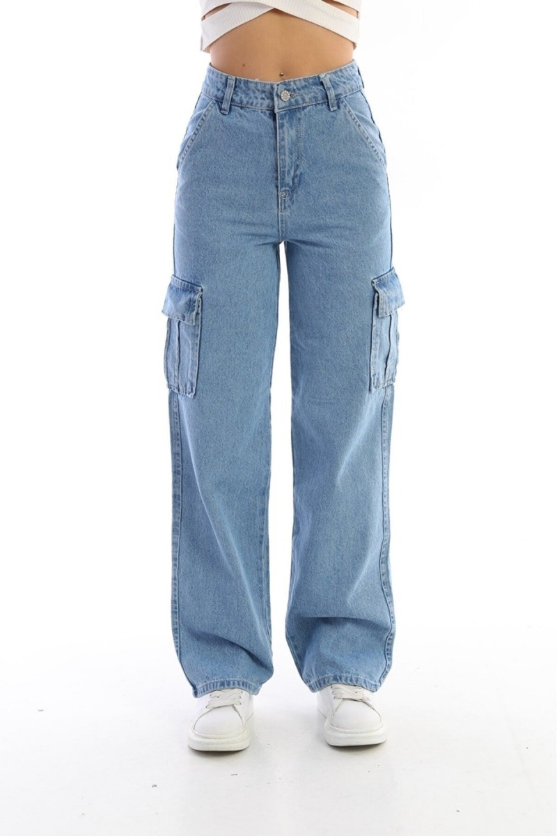 Klara Bebe Buz Mavi Kargo Salaş Arka Cepsiz Likralı Süper Yüksek Bel Jean Pantolon