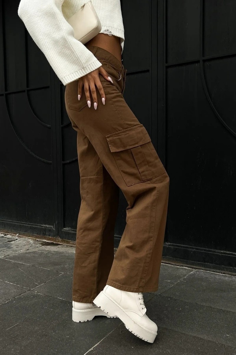 Danger Kahverengi Kargo Salaş Arka Cepsiz Likralı Süper Yüksek Bel Jean Pantolon