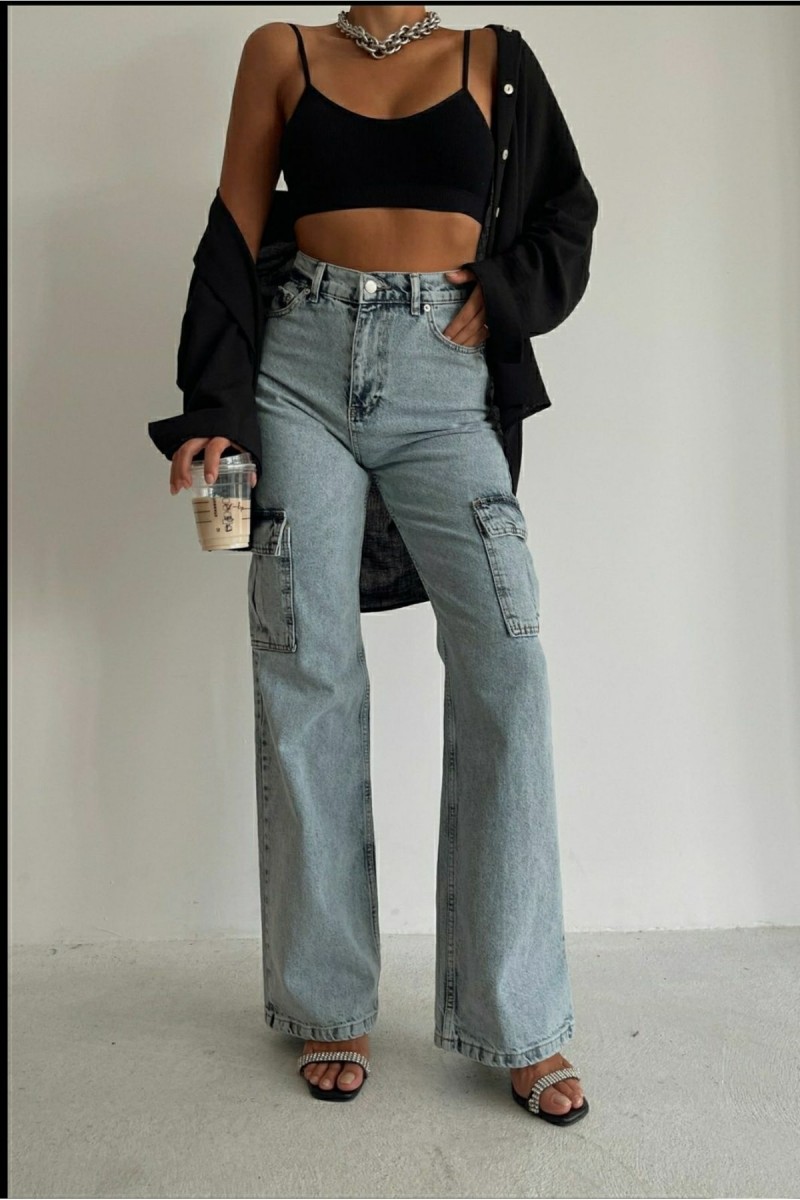 Açık Kar Yıkma Kargo Salaş Arka Cepsiz Likralı Süper Yüksek Bel Jean Pantolon