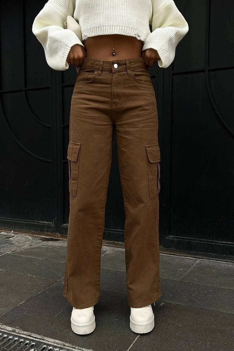 Danger Kahverengi Kargo Salaş Arka Cepsiz Likralı Süper Yüksek Bel Jean Pantolon