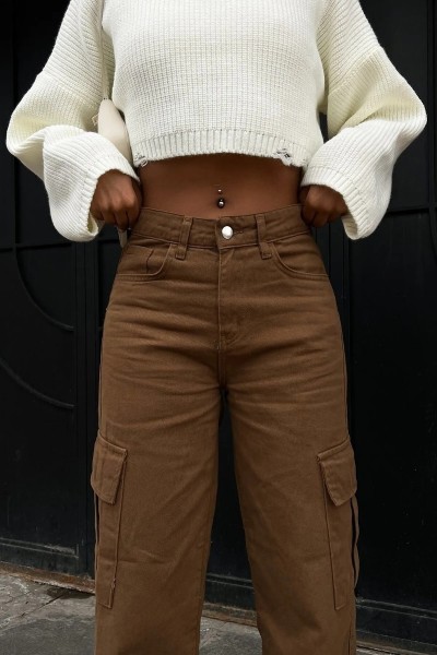 Danger Kahverengi Kargo Salaş Arka Cepsiz Likralı Süper Yüksek Bel Jean Pantolon