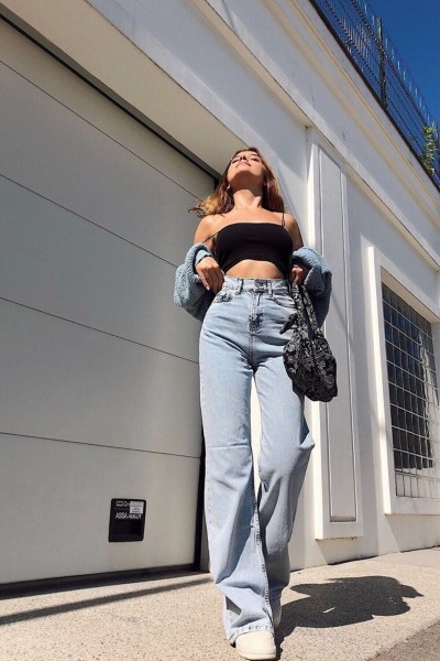 Mery Power Likralı Kadın Açık Mavi Kar Yıkama Yüksek Bel Salaş Paça Denim Kot Pantolon Lvk-001040a