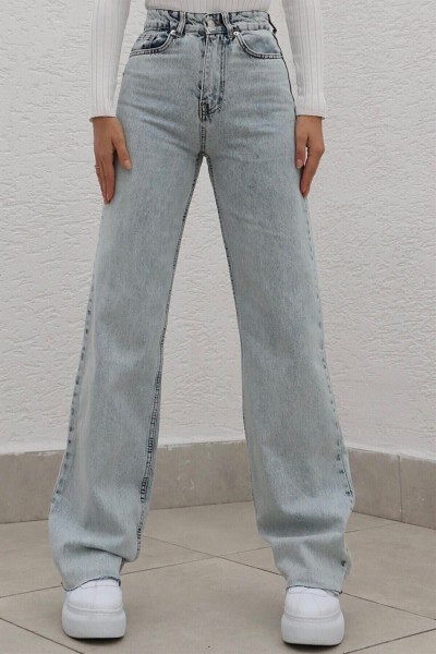 Lara Power Likralı Kadın Açık Mavi Kar Yıkama Yüksek Bel Salaş Paça Denim Kot Pantolon Lvk-001040a