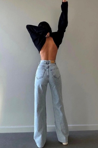 My End Game Buz Mavi Kadın Salaş Likralı 90 s Süper Yüksek Salaş Paça Kot Palazzo Pantolon