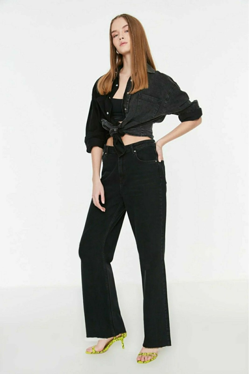 90's Solmayan Siyah Süper Yüksek Bel Salaş Paça Kot Palazzo Pantolon